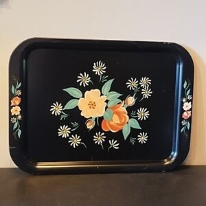 Black Tole Serving Tray Floral Metal Toleware Hand Painted Vintage